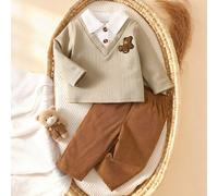 Style décontracté mignon et à la mode, nouvelle arrivée automne/hiver, Top gris à manches longues avec col polo blanc, décoration d'ours mignon exquise + pantalon long décontracté kaki foncé, tissu do