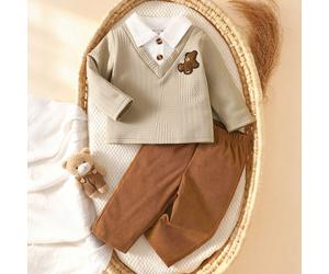 Style décontracté mignon et à la mode, nouvelle arrivée automne/hiver, Top gris à manches longues avec col polo blanc, décoration d'ours mignon exquise + pantalon long décontracté kaki foncé, tissu do