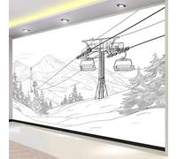 Style D'Esquisse Papier Peint Panoramique téléski de montagne Papier Peint Intissé Sans Raccord Poster Geant Mural 300 x 210 cm pour Salon Chambre d'enfants restaurant Décoration Murale