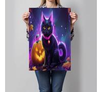 Style dessin animé Toile Peinture, Chat noir lanterne citrouille Impression Sur Toile, Noir et violet Tableau Decoration Murale Salon Maison Deco Chambre, 40x30 cm, Sans Cadre