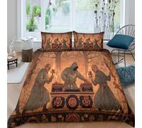 Style d'illustration de manuscrit médiéval : paysans et chevaliers Parure Microfibre Ensemble De Housse De Couette Imprimé 3D Taie D'oreiller, Pour Adultes Enfants Filles Garçon Super King（260x220cm)