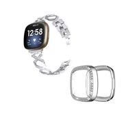 (Style E Fitbit Versa 3, Silver) For Fitbit Versa 3/Sense X-Shape Design Bracelet Wrist Strap+Two Row Rhinestones Silver Watch Case