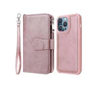 (Style E iPhone 14 Pro Max, Pink gold) KT Multi-functional Series-4 Stand Wallet Case for iPhone 14 Pro Max,Detachable Zipper Pocket Phone