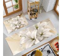 Style élégant et Luxueux Lot de 2 Tapis de Cuisine Antidérapants et Lavables, Lys Blancs Tapis de Sol Cuisine pour Décoration de Maison, Bureau, Bureau Debout 40x60cm+40x120cm, Or