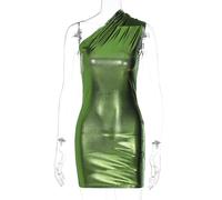WEITING Style européen et américain Femmes Automne Sexy Mince Couleur Unie épaule Oblique sans Manches Robe de Hanche-Vert-L