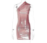 WEITING Style européen et américain Femmes Automne Sexy Mince Couleur Unie épaule Oblique sans Manches Robe Couvrant Les Hanches-Rose-L