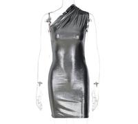 WEITING Style européen et américain Femmes Automne Sexy Mince Couleur Unie épaule Oblique sans Manches Robe de Hanche-Gris foncé-L