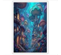 Style fantastique Impression sur Toile Maison des champignons Bleu-vert Image sur Toile Pour Chambre Salon Peinture Tableau Pour Art Déco Murale 40Lx30W cm sans cadre