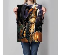 Style fantastique Impression sur Toile Orange - Tableau décoratif Le chaton portant un chapeau de sorcière, Décoration Murale pour Salon Chambre, 40x30 cm, Sans Cadre