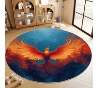 Style Fantastique Phénix Tapis de Salon Rond 100 cm Poil Court Fin Doux Léger Résistant, Bleu Tapis de Chambre Rond Lavable en Machine pour Salle à Manger et Bureau Moquette