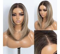 STYLE ICON Perruque blonde courte étagée lisse pour femme 40,6 cm Prédécoupée 33 x 3 Lace Front avec racines de cheveux foncées Synthétique sans colle Wear and Go