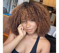 Style Icon Perruque courte crépue bouclée avec frange pour femme - Cheveux humains bruns - Cheveux courts bouclés sans colle - Densité 200 % (brun méché, 30,5 cm)