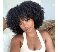 Style Icon Perruque courte crépue bouclée avec frange pour femme noire avec mèches brunes, perruque courte bouclée de densité 200 % sans colle (noir, 35,6 cm)