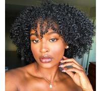 Style Icon Perruque courte crépue et bouclée avec frange pour femme - Cheveux humains bruns - Sans colle - Densité 200 % (noir, 30,5 cm)