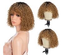 Style Icon Perruque de cheveux humains courts bouclés blonds pour femme noire afro bouclés avec frange sans colle (25,4 cm, TT2/27)