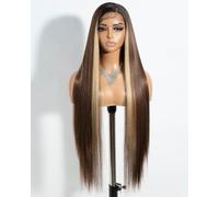 Style Icon Perruque de cheveux raides super longs de 96,5 cm pour femme, cheveux bruns avec dentelle frontale blonde, fibre synthétique pré-épilée (TTOL4/30S/26J)