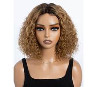 Style Icon Perruque en cheveux humains courts et bouclés - À porter sans colle - Pour femme - 25,4 cm - Perruque bob bouclée - Sans dentelle - (TT2/27, partie moyenne)