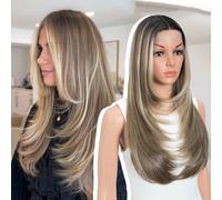 Style Icon Perruque longue couche droite en dentelle synthétique avec dentelle frontale 61 cm pour femme 13 x 5 x 1 T - Fibre résistante à la chaleur pour fête quotidienne (4/10/23B/613C)