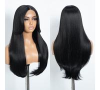 Style Icon Perruque longue et raide noire avec frange de rideau - Perruque synthétique ondulée de 61 cm pour femme - 33 x 12,7 x 2,5 cm - Fibre résistante à la chaleur - Pour fête quotidienne