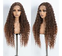 Style Icon Perruque longue, ondulée profonde, avec dentelle frontale, 30 pouces, marron ombré, perruque longue ondulée pour femme, avec cheveux de bébé, fibre synthétique résistante à la chaleur (T C4