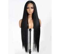 Style Icon Perruque super longue et raide avec dentelle frontale - 91,4 cm - Noir clair - Cheveux raides Yaki pré-épilés avec cheveux de bébé - Fibre synthétique résistante à la chaleur