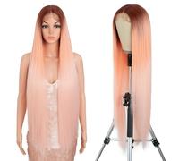 Style Icon Perruque super longue et raide avec dentelle frontale de 91,4 cm - Cheveux raides Yaki clair dégradé rose pré-épilé avec cheveux de bébé - Fibre synthétique résistante à la chaleur