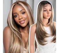 Style Icon Perruque superposée sans colle Perruque synthétique avec dentelle frontale 61 cm Blond brun surligné Long Layered Straight Hair Wig pour femmes 13 x 4 x 1 cm Dentelle en T