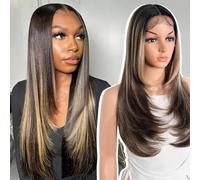 Style Icon Perruque superposée sans colle Perruque synthétique avec dentelle frontale 61 cm Brun surligné Long Lace pour femme 13 x 4 x 1 cm Dentelle en T