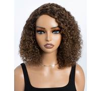 Style Icon Perruques courtes bouclées Bob cheveux humains à porter sans colle pour femmes 25,4 cm marron raie latérale dentelle bouclée profonde perruques Bob C-Lace Jerry Curl (couleur : P4/30/27)