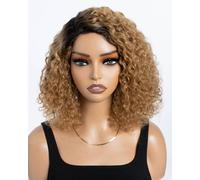 Style Icon Perruques courtes bouclées de cheveux humains sans colle pour femme 25,4 cm blond ombré raie latérale dentelle profonde bouclée perruque C-lace Jerry Curl (couleur : TT2/27)