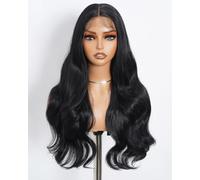 Style Icon Perruques longues noires Body Wave Perruque synthétique avec dentelle frontale 66 cm pré-épilée avec cheveux de bébé (1B)
