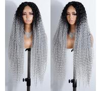 Style Icon Perruques synthétiques super longues bouclées avec dentelle frontale pour femme, 96,5 cm, gris ombré avec raie en T, perruque ondulée profonde pré-épilée avec cheveux de bébé (TT4/M.GREY)