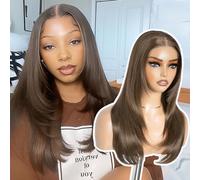 Style Icon Wear and Go Perruques sans colle pré-coupées pré-coupées pour débutants, perruques synthétiques longues couches raides avec frange de rideau, 50,8 cm, marron clair, 3 secondes à porter