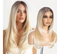 Style Icon Wear and Go Perruques sans colle pré-coupées pré-coupées pour débutants, perruques synthétiques longues couches raides avec frange de rideau 50,8 cm blond, 3 secondes à porter