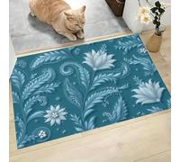 Style Indien Traditionnel Paillasson D'Entrée Discret Absorbant - 45 x 75 cm - Antidérapant -Lignes Plantes Fleurs Sauvages Tapis De Sol pour Entrée d'animaux Salle De Bain - Lac Bleu