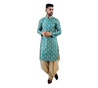 STYLE INSTANT Tunique indienne en satin de coton Kurta Dhoti pour homme, bleu sarcelle, L