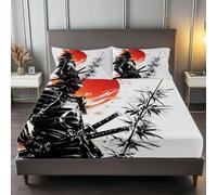 Style Japonais Armure De Samouraï Drap Housse Microfibre, Antidérapants Résistant Impression 30 cm Housse Matelas, 140x200cm Protection de Matelas avec Taie d'oreiller