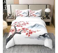Style Japonais Coton Housse de Couette 240 x 260,Japonais Ukiyo-E Parure de Lit pour Le Lit,Fleurs de Cerisier Literie Set Doux pour Enfants Adolescents,Collines Florales Botaniques Couvre Lit