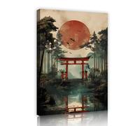 Style japonais coucher de soleil toile art mural Nature paysage images œuvres d’art impressions forêt orientales affiches peinture pour salle de bain décor 35x55cm Cadre intérieur