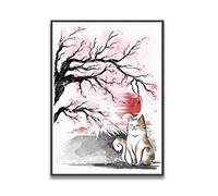 Style Japonais Toile Tableau Tableaux Soleil Chat Sakura Paysage Affiche Noir et Rouge Murale Art Salon Decoration à la Maison Japonais Animal Peinture Cadeau (Pas de Cadre)
