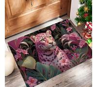 Style Jungle Tropicale Paillasson D'Entrée Discret Absorbant - - Antidérapant -Fleurs Léopard Réalistes Tapis De Sol pour Entrée d'animaux Domestiques Cuisine Salle De Bain - Rose