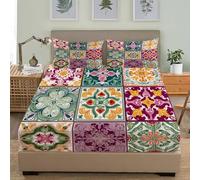 Style Mandala BohèMe Drap Plat 2 Personnes Drap Housse en Microfibre, Coloré Housse de Matelas 30cm Épais Protection de Matelas - Antidérapant Anti Rides 3 Pièces 160x200 cm