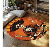 Style Mexicain 140cm - Tapis Rond Jour des Morts Halloween Décor Délicieux Motif de festin Tapis à Poils Ras Lavable Confortable pour Le Patio du Salon