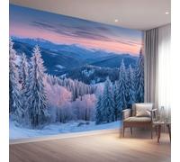 Style Nordique Papier Peint Panoramique 250 x 175 cm Papier Peint Intissé, Cèdres Bleus Montagnes Enneigées Photo Motif Poster Decoration Murale Chambre Salon