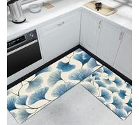 Style Oriental Simple Tapis de Cuisine Set de 2, Feuilles de Ginkgo Tapis de Sol de Cuisine Lavables, Chemin Antidérapant pour l’entrée et Le Bureau 43x75cm+43x150cm, Bleu et Blanc