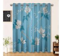 Style Pastoral Rideau Occultant 70 x 240 cm avec Oeillets, Fleurs Géométrie Lignes Imprimer Isolation Thermique Insonorisée Bleu Fenêtre Rideaux pour Chambre à Coucher Décor, 2 Panneaux