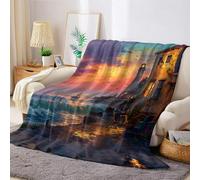 Style Peint Plaid Polaire Station balnéaire et Phare 220 x 240 cm Couverture Flanelle Douce, Chaude et Légère pour Lit, Canapé, Voyage ou Camping