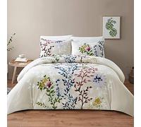 Style Quarters Dahlia Lane Parure de lit 3 pièces - Tiges Florales Multicolores avec Silhouettes de Feuilles Blanches - 100% Coton - Lavable en Machine - Comprend 1 Housse de Couette et 2 taies