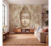 Style religieux à l'aquarelle Papier Peint Panoramique, 450x315cm Fresque Murale | Statue de Bouddha Feuille de Bodhi Papier Peint soie, Décoration Image Murale Pour Salon Chambre Bureau TV Brun