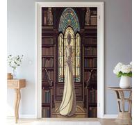 Style Rétro Américain Bibliothèque Dames Brun Sticker Porte Trompe l'oeil Effect 3D Intérieure Muraux PVC Stickers pour Décoration Mur Salon Cuisine Chambre Salle de Bain Papier Peint 95 x 215 cm